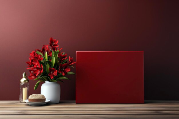 Mockup of blank red card and vase with red flowers on wooden table