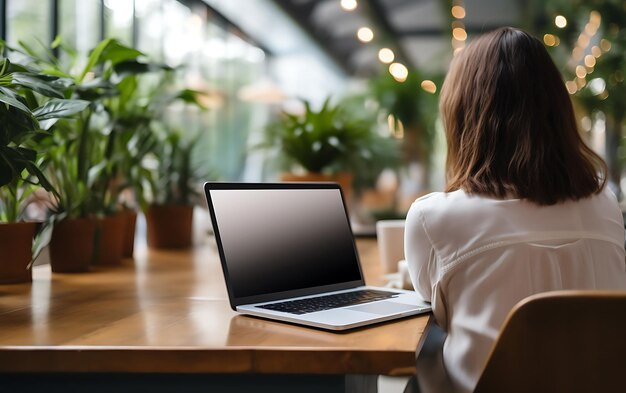 Mockup blank screen laptop woman using computer remote work in coworking space or cafe back view