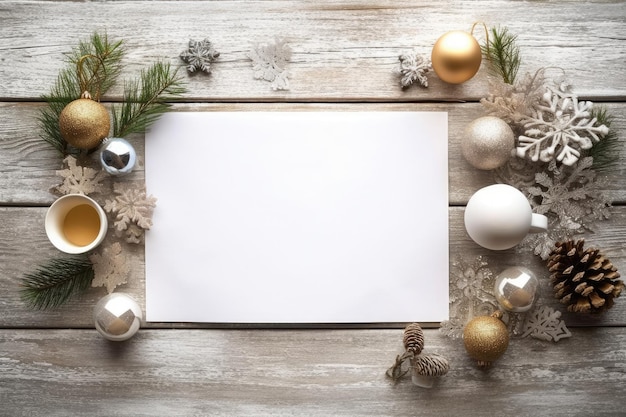 Mockup blank sheet of paper with Christmas decorations on a wooden table