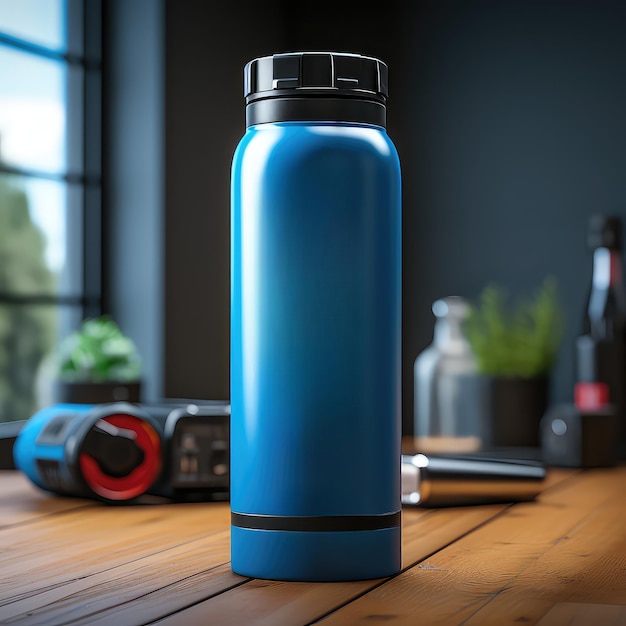 Photo mockup of a blank sport water bottle on wooden table