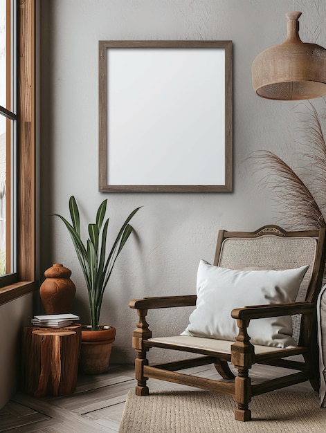 A mockup of a blank square photo frame hanging in the middle of wall with Southwestern desert