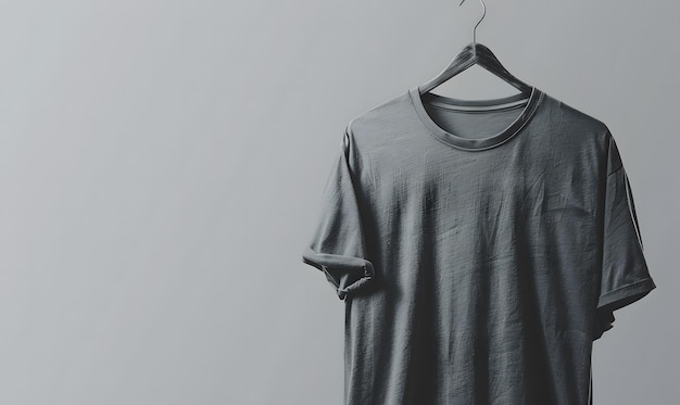 mockup of a blank tshirt draped over a hanger set against a plain backdrop to highlight