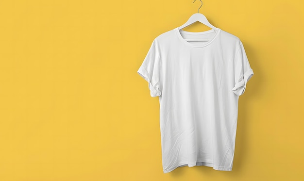 mockup of a blank tshirt draped over a hanger set against a plain backdrop to highlight