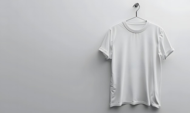 mockup of a blank tshirt draped over a hanger set against a plain backdrop to highlight