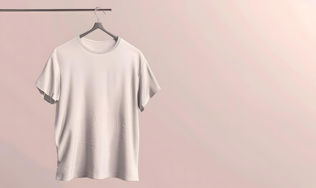 mockup of a blank tshirt draped over a hanger set against a plain backdrop to highlight