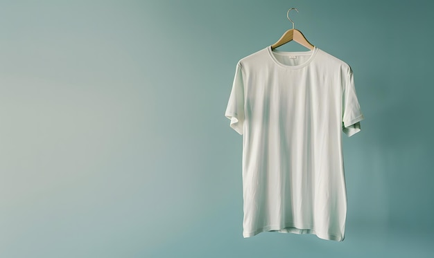 mockup of a blank tshirt draped over a hanger set against a plain backdrop to highlight