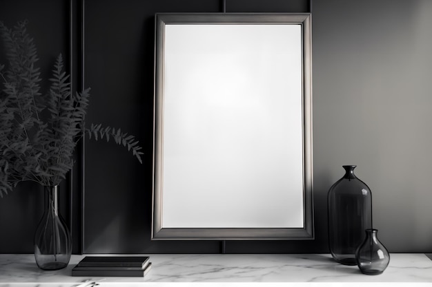 Mockup of blank vertical frame in dark gothic interior