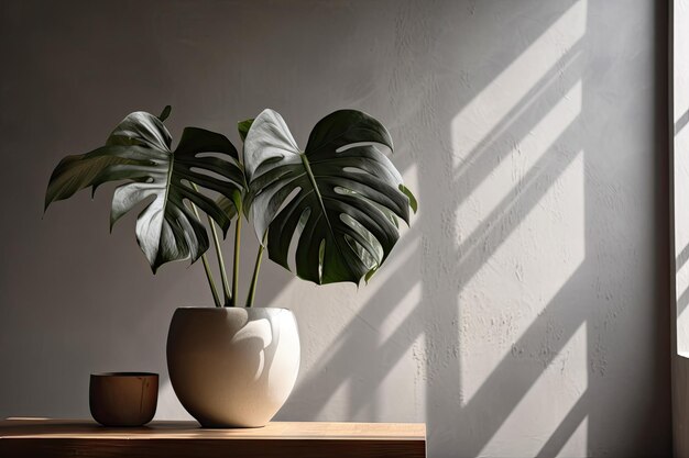 Mockup of a blank wall with a Monstera leaf in a vase