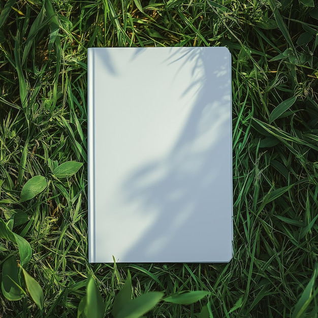 Photo mockup of a blank white book laying in grass