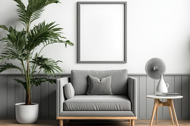 Mockup of a blank wooden vertical picture frame in a contemporary gray living room with a gray sofa