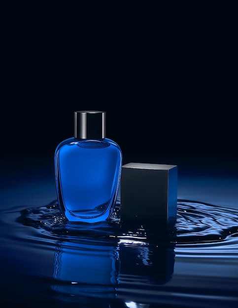 mockup a bottle of blue perfume with a black box in the middle generative ai