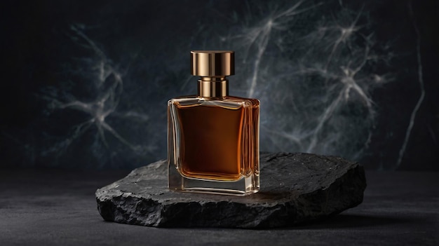 Mockup of a bottle of mens perfume standing on a stone on a dark background