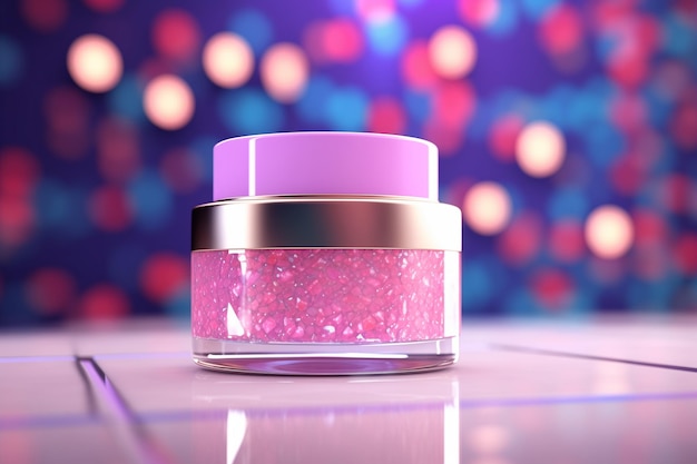 Mockup of a bright pink jar of cream or beauty product standing against the background of a shining