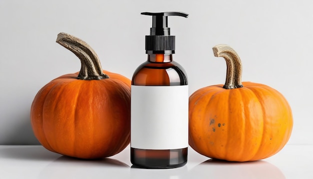 Mockup of brown cosmetic bottle with dispenser and fresh pumpkins Natural skin care product