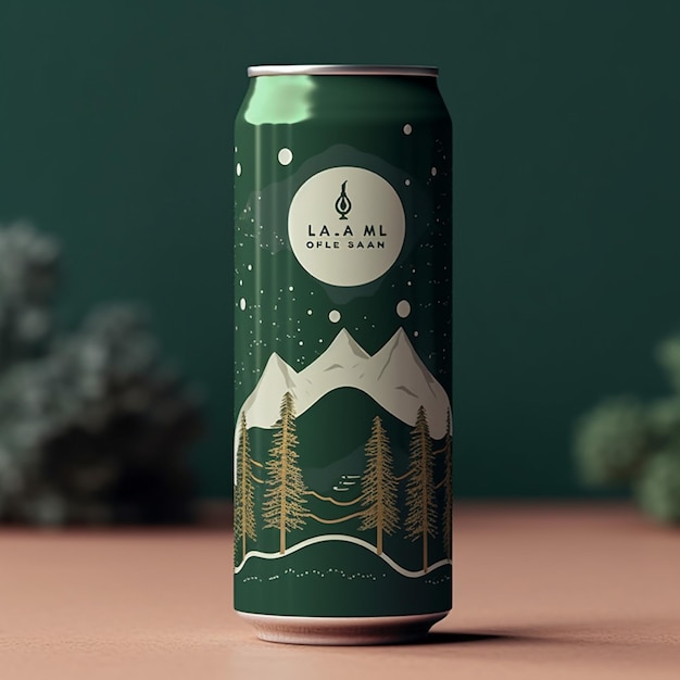 Mockup of a can of lager beer with mountains on the background