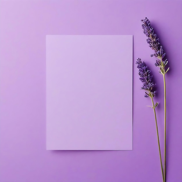 Photo mockup card with lavender flower purple background