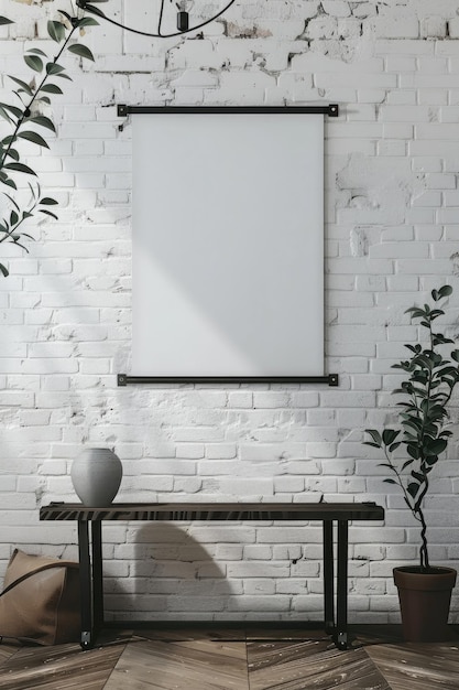 A mockup of a clean minimalist poster hanging on a white brick wall ideal for showcasing artwork