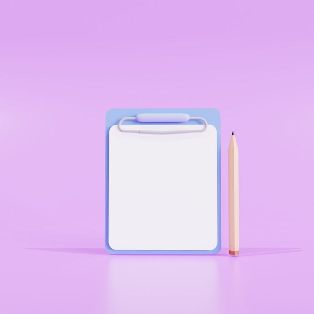 Mockup. Clipboard and pencil with sheets of paper on a nude background. on purple background design. 3d illustration.