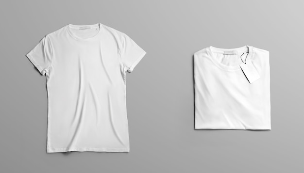 Mockup  clothes The first open blank T-shirt lies on grey studio background. Second  t-shirt  with label neatly folded on a background. Top view template for fashion design.