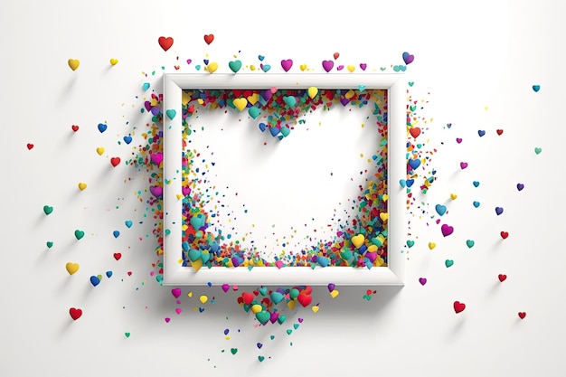 Mockup of colorful hearts and frame on white backgroundAI generative