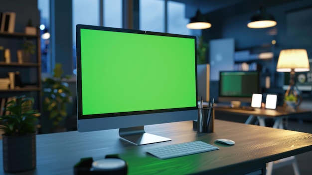 Photo mockup computer with green screen on night workspace