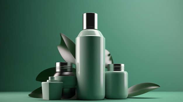 Mockup of cosmetic bottle with green leaves Generative AI