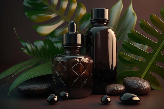 Mockup cosmetic bottles of dark glass on a beige background with tropical leaves AI generation