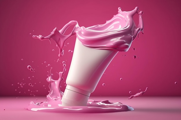 Mockup of cosmetic tube with cream splash on pink background