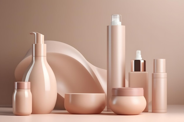 Mockup of cosmetics bottles in beige tone Neural network AI generated