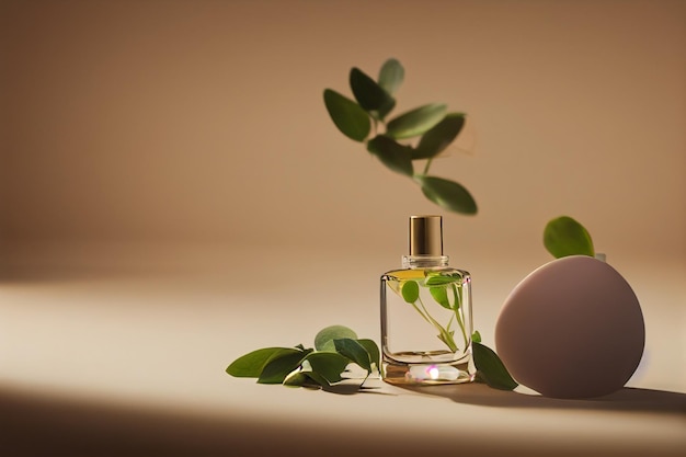 Mockup design of perfume bottle with plant branch on Empty blank and copy space wallpaper Bottle of essential oil with herbs Elegant and minimalistic podium scene for product presentation