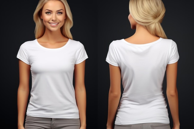 Mockup for design Smiling blonde young woman in a white Tshirt on a clean black background Front and