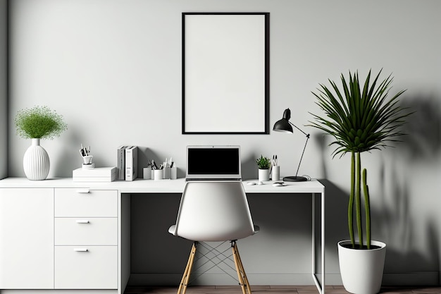 Mockup of a desk area or home office with a single white table chair and wall