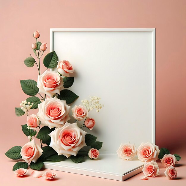 Mockup empty blank frame with roses floating left with pink background