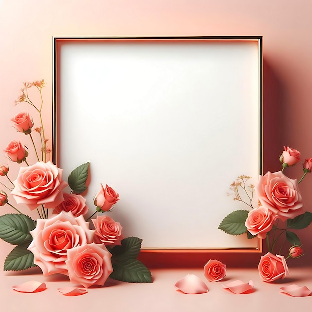 Mockup empty blank frame with roses floating left with pink background