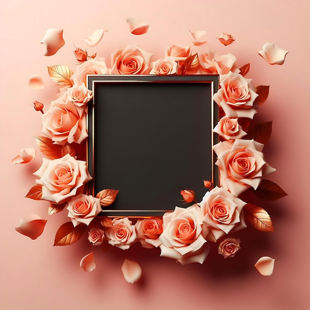 Mockup empty blank frame with roses with rose background