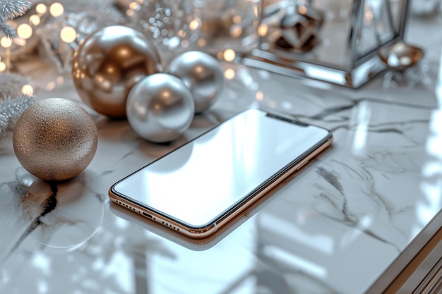 Mockup empty blank smartphone screen on an iridescent surface with glass objects on the desk A sleek