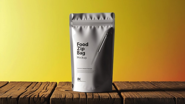 Photo mockup of an empty food zip bag standing on a wooden floor