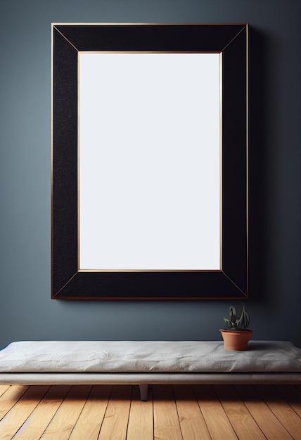 Mockup empty frame in dark elegant living room interior on empty dark wall background room minimalismmouldings and wooden floor 3d render illustration mock up