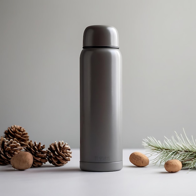 Photo mockup of an empty gray water bottle thermos on white background