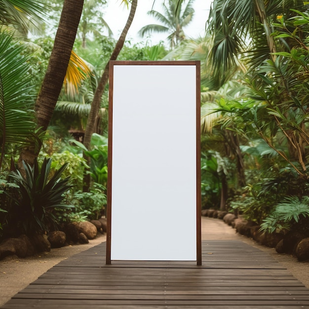 Mockup of an empty white color long poster on a garden background with palm trees