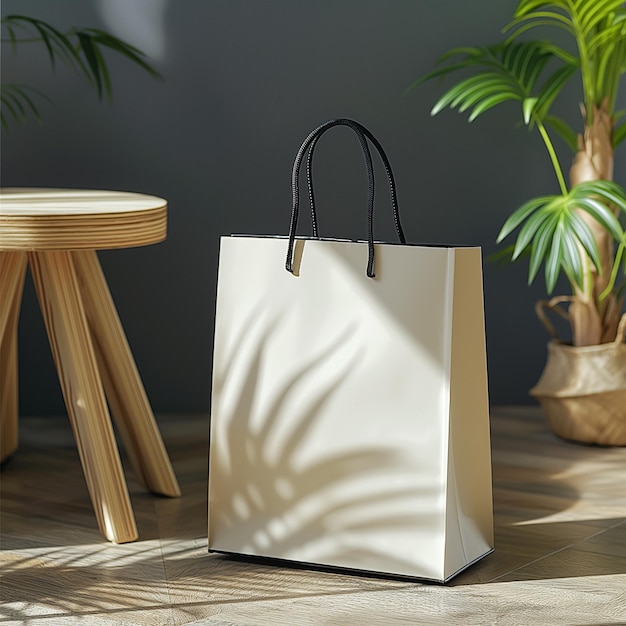 A mockup of an empty white paper bag with a black handle sitting on the floor