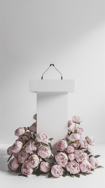 Photo mockup empty white podium with floral peonies flower pink