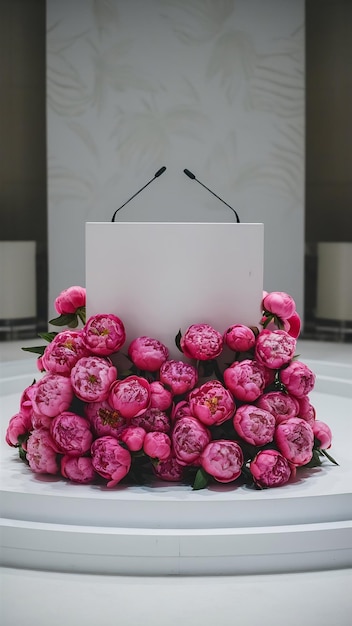 Photo mockup empty white podium with floral peonies flower pink