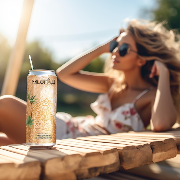 Photo mockup featuring a model enjoying a refreshing drink under the summer sun