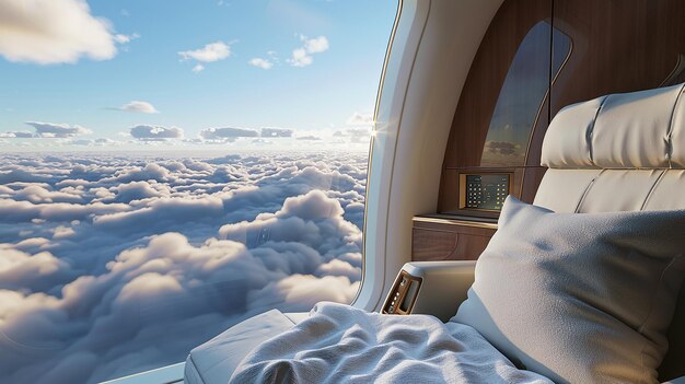 Mockup of a firstclass airplane seat with a view of the clouds