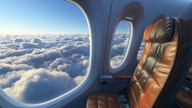 Mockup of a firstclass airplane seat with a view of the clouds