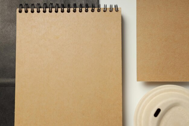 Mockup flat lay with craft accessories and coffee beans on white background