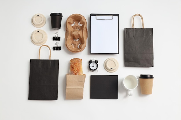 Mockup flat lay with different office accessories on white background