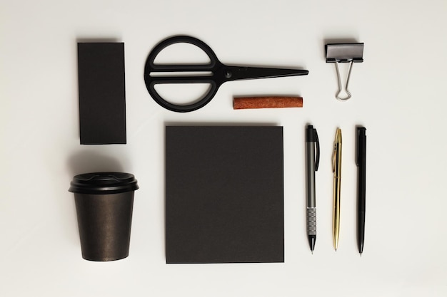 Mockup flat lay with different office accessories on white background