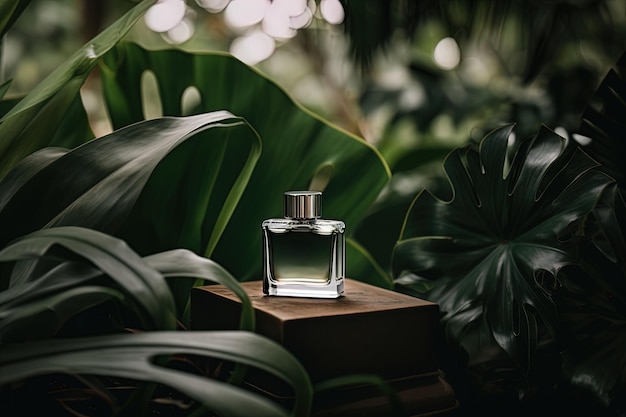 Mockup fragrance bottle with a tropical background to create a luxurious and elegant feeling